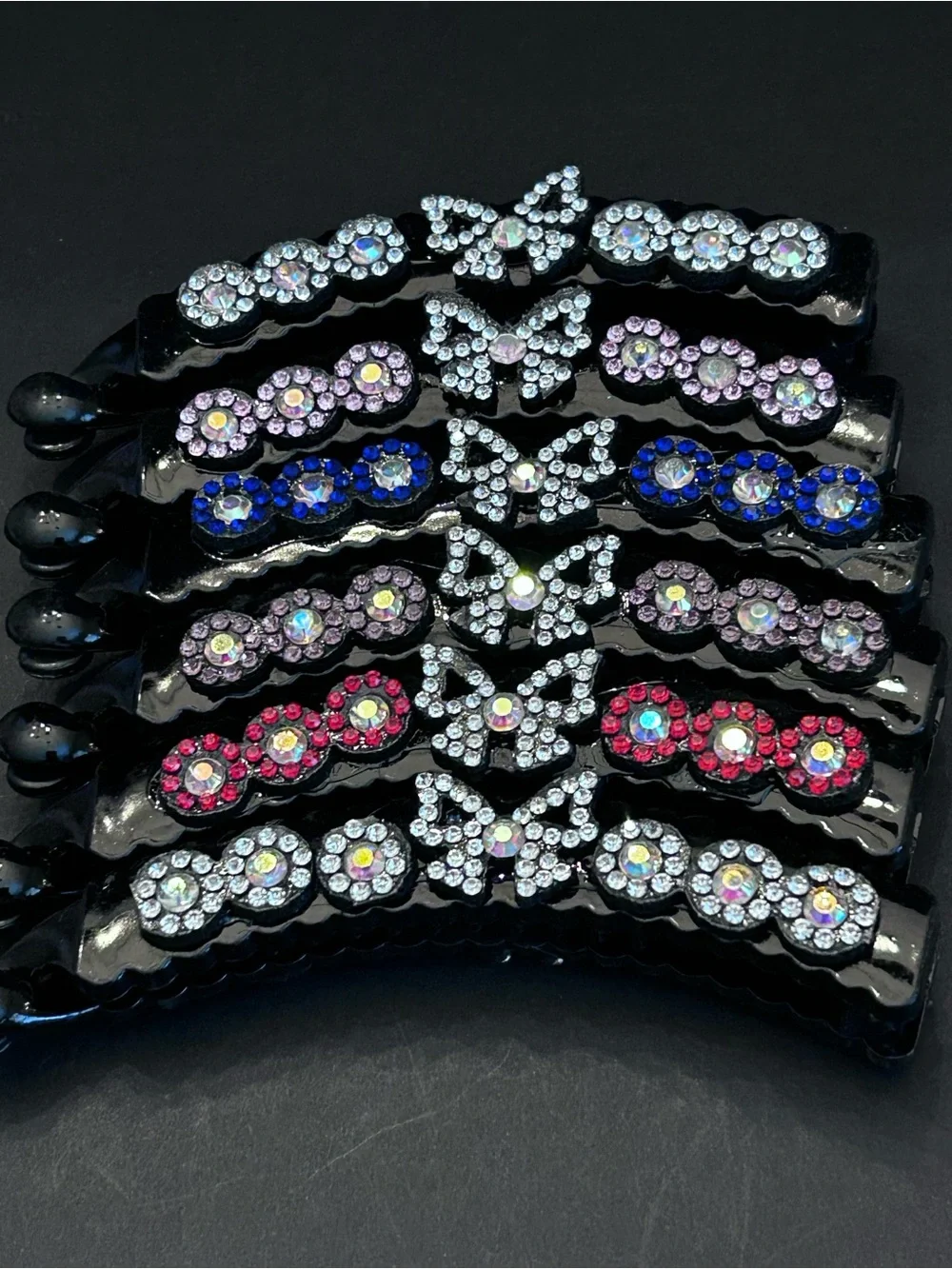 Black Banana Hair Clips with Multicolor Rhinestones - Set of Six - Brand New